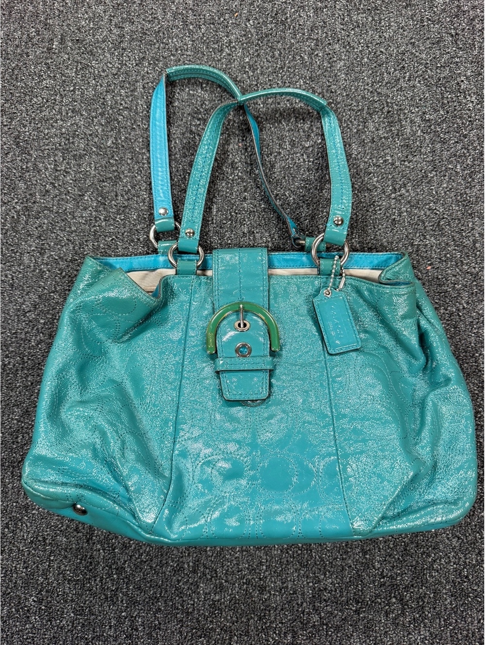 Coach f17111 y2k 00s vintage Turquoise Leather Tote Bag with Buckle Detail